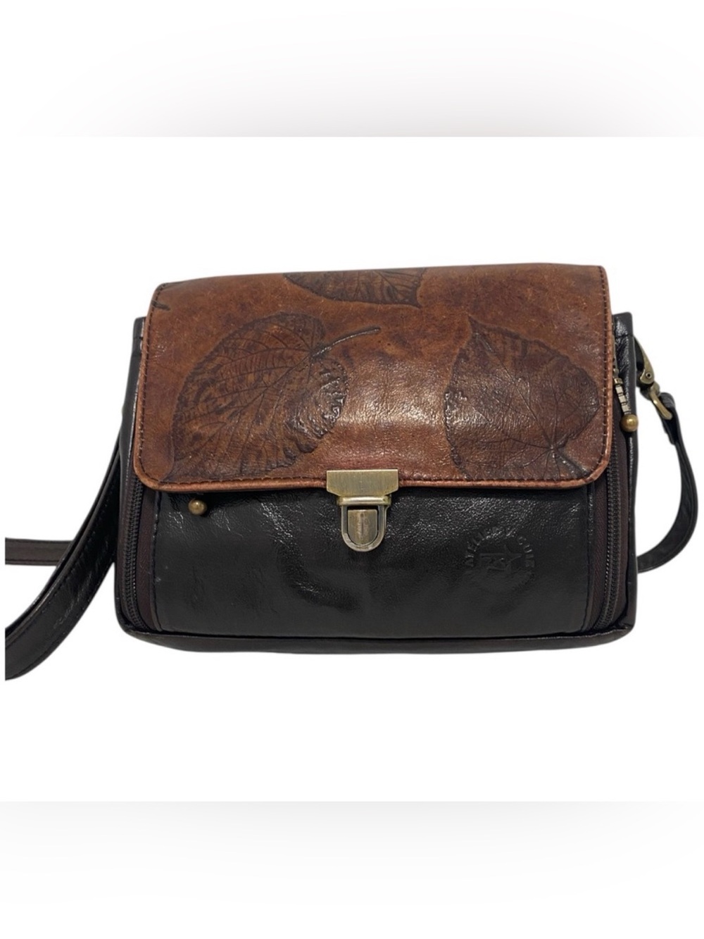 Atelier Leather Leaf Embossed Black & Brown Adjustable Shoulder Crossbody - EC